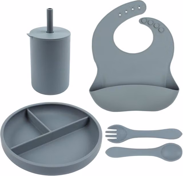 Tiny Dining 5-Piece Silicone Baby Suction Weaning Set in Blue and Grey