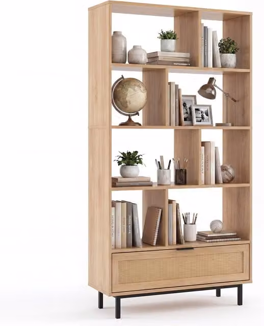 COSTWAY Scandinavian Style Wooden and Metal Bookcase in Brown, Height: 162 cm