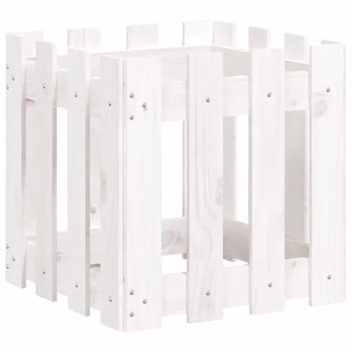 vidaXL White Wooden Garden Planter Tub with Fence Design W/D/H: 40 x 40 x 40 cm