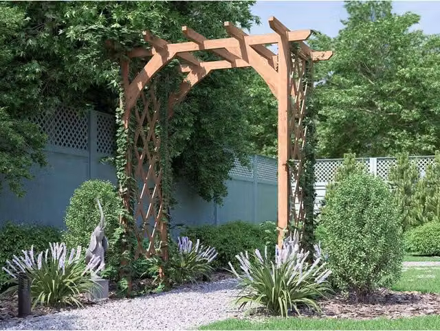 Dunster House Wooden Corner Pergola with Trellis in Brown Spruce