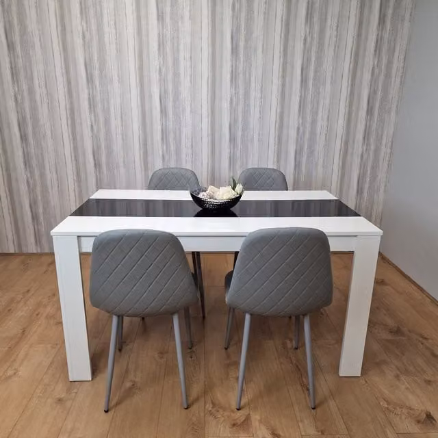 Kosy Koala Modern Rectangular Dining Set with White and Black Glossy MDF Table and 4 Grey Faux Leather Stitched Chairs