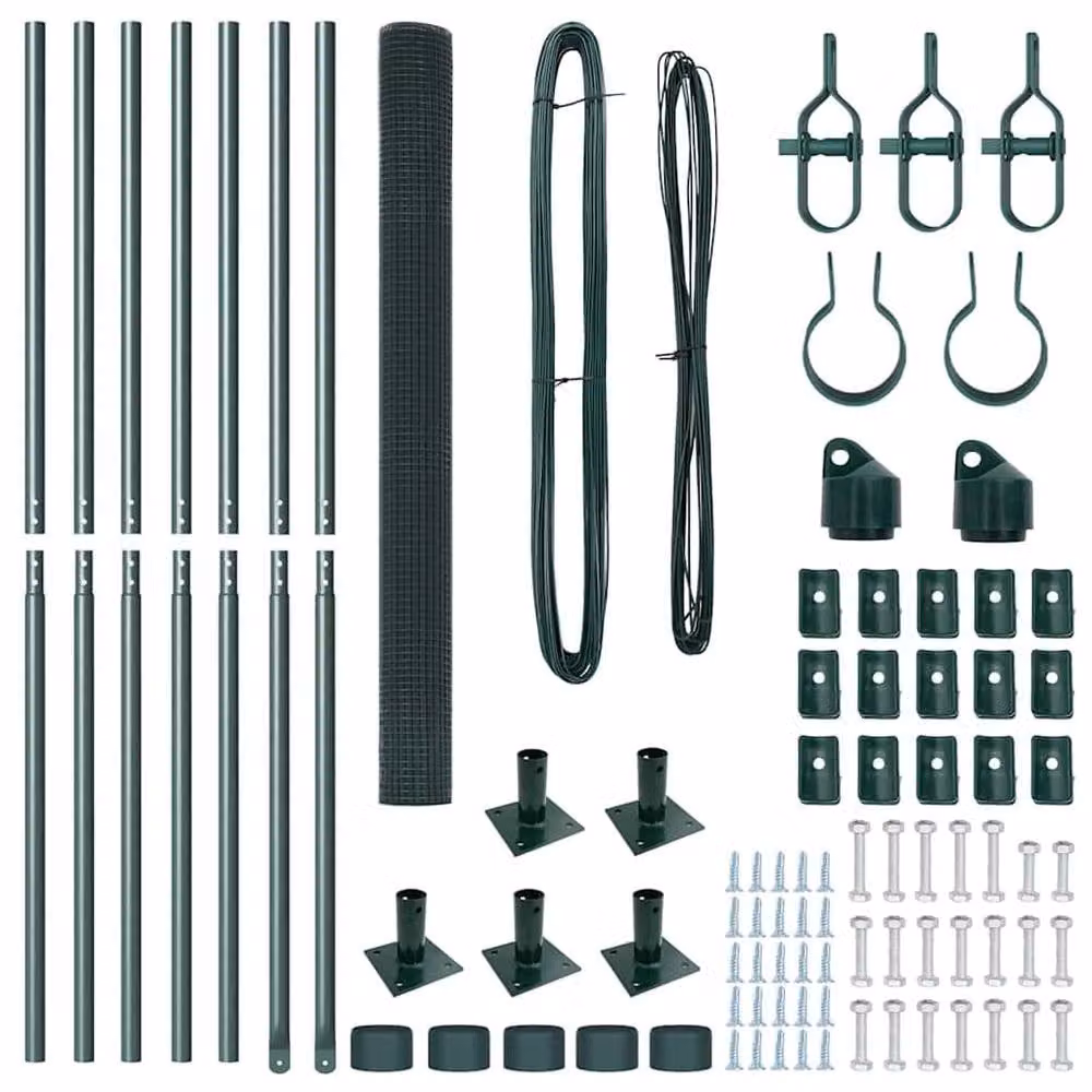 Berkfield Home Green Powder-Coated Steel Welded Wire Fence with 7 Flanged In-Ground Posts, W: 10 m, H: 1.4 m – 5