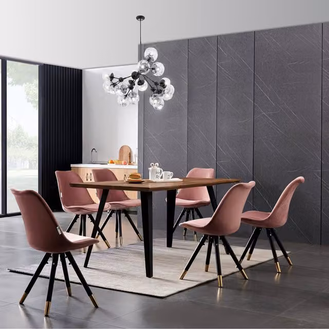 Life Interiors Sofia Rocco LUX Modern Dining Set with Rectangular Wood Table and 6 Pink Chairs
