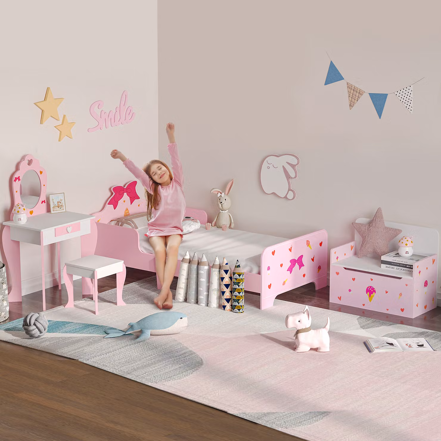 ZONEKIZ 4-Piece Princess Themed Kids Bedroom Furniture Set in Pink, including Bed, Toy Box Bench, Dressing Table and Stool – 2