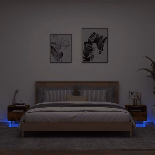Berkfield Home Set of 2 Modern Smoked Oak Bedside Cabinets with Integrated LED Lights, Brown, W: 40 cm, D: 39 cm, H: 37 cm