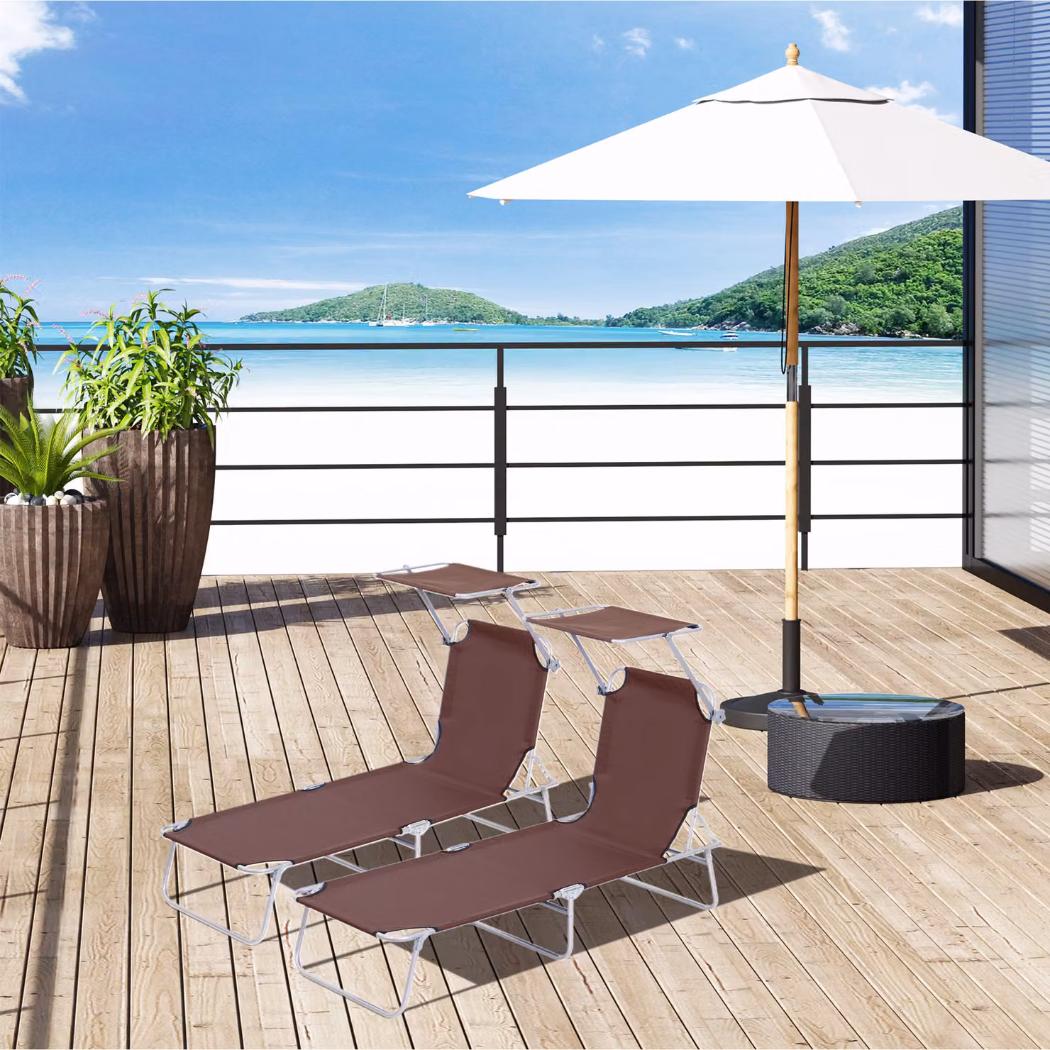 Outsunny Pair of Brown Canopied Sunloungers with Adjustable Headrests and Textilene Fabric – 2