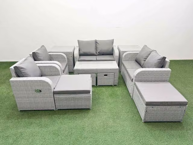 Fimous PE Wicker Rattan Garden Furniture Set in Light Grey with Coffee Table, 2-Seater Sofa, Lounge Armchair and Ottoman