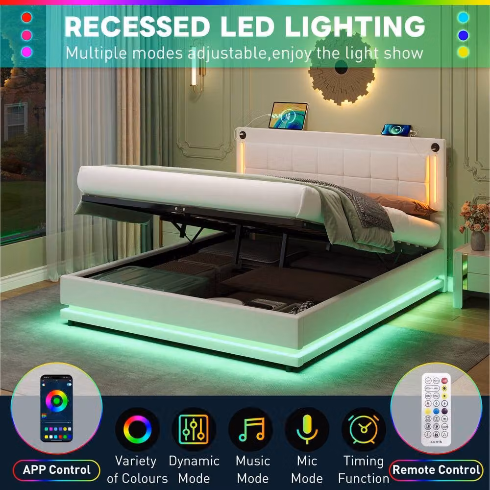 Merax Beige Velvet Ottoman Bed with LED Lighting, USB Charging Port and Bedside Shelf, W/D/H: 140 x 200 cm – 4