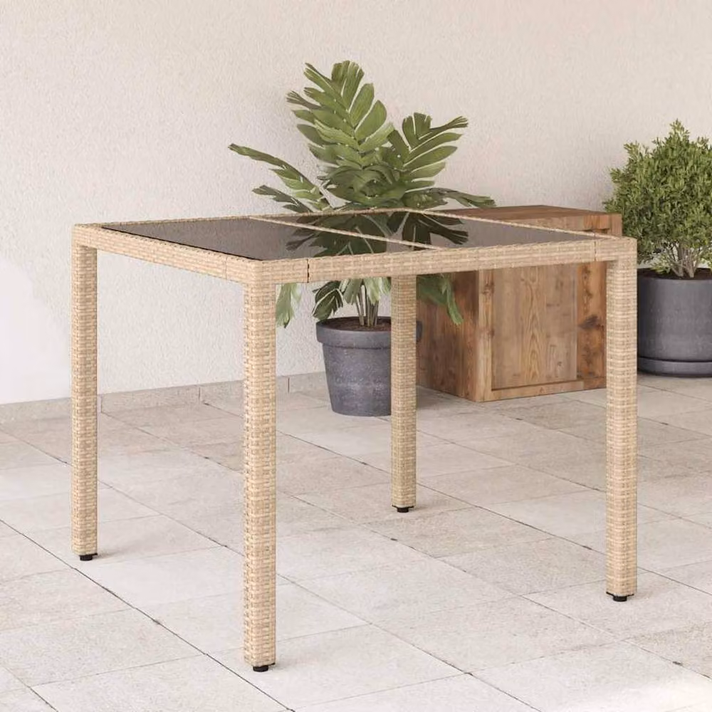 Berkfield Home Beige Poly Rattan Garden Table with Glass Top W/D/H: 90 x 90 x 75 cm – 2