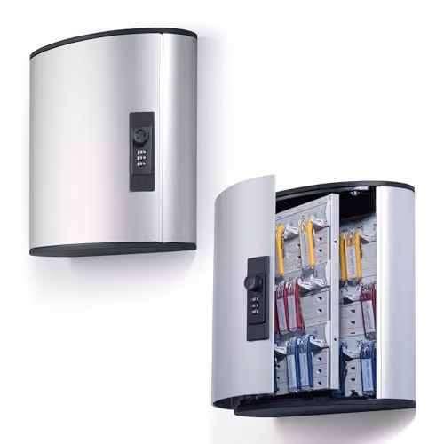 Durable Key Safe Box 36 Silver Aluminium Wall Mounted Key Holder Cabinet with Combination Lock and 6 Key Clip Tags – 1