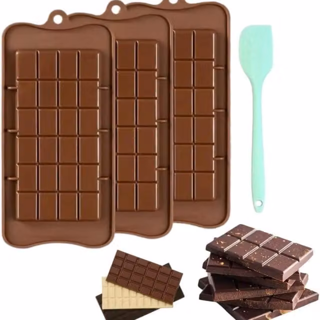 Legend 3-Piece Non-Stick Silicone Rectangular Chocolate Bar and Loaf Tin Mould Set with Spatula, Brown