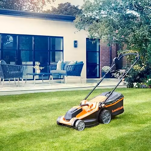 LawnMaster MX 24V 37cm Cordless Lawnmower in Orange with Spare Battery, Quick Charger, Collection Bag and Mulching Kit – 2