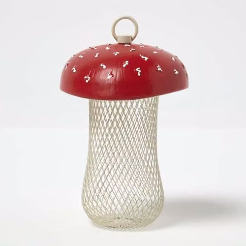 HOMESCAPES Red Mushroom Hanging Bird Feeder, W/D/H: 17.7 x 13 x 13 cm