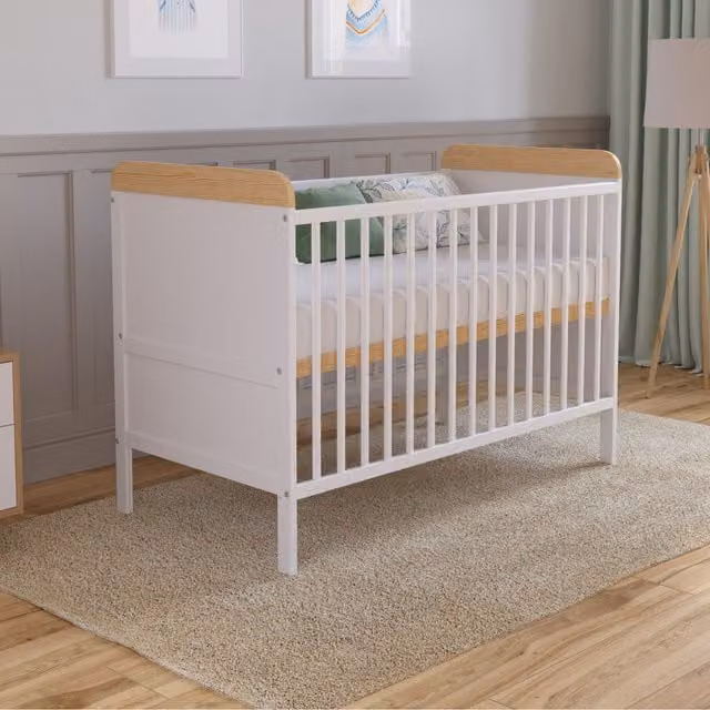 Love For Sleep Levi Scandinavian Cot Bed with Drop Side and Microfibre Foam Mattress in White and Pine, W/D/H: 120 x 60 x 60 cm