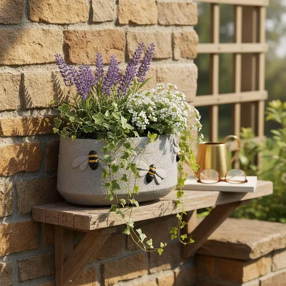 Four Candle Bee Concrete Oval Trough Planter in Grey, Black and Yellow, W: 21 cm, D: 12 cm, H: 10 cm – 2