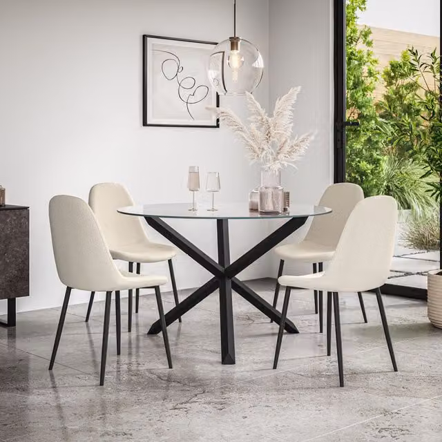 More4Homes Malvern Round Dining Table and Set of 4 Maya Boucle Chairs in Ivory with Clear Glass Top and Black Oak Legs, Diameter: 120 cm, Height: 75 cm