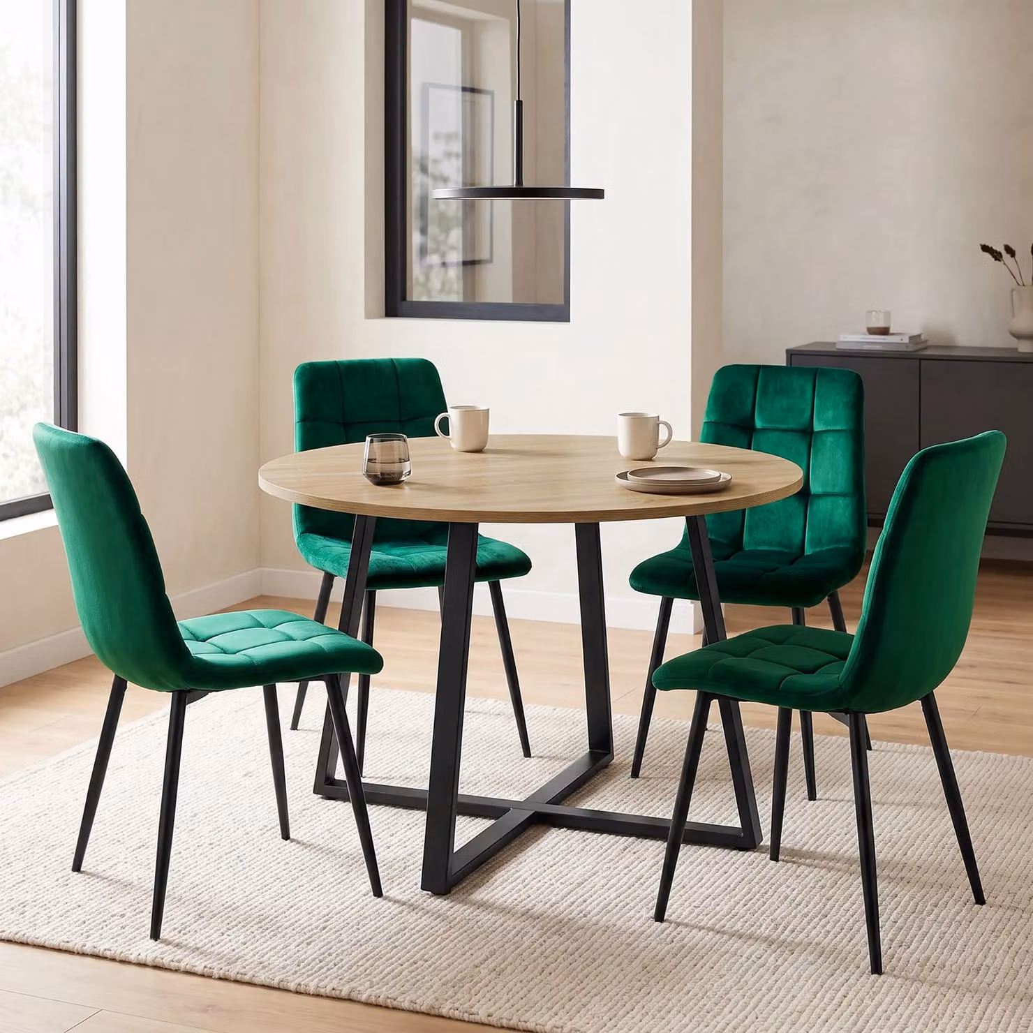 Kyvon Round Dining Table Set with 4 Chairs in Green and Black, Diameter: 110 cm, Height: 75 cm