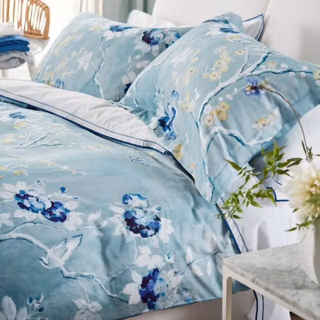 Designers Guild Manohari Pair of Oxford Pillowcases in Blue and Green Cotton Mako Satin