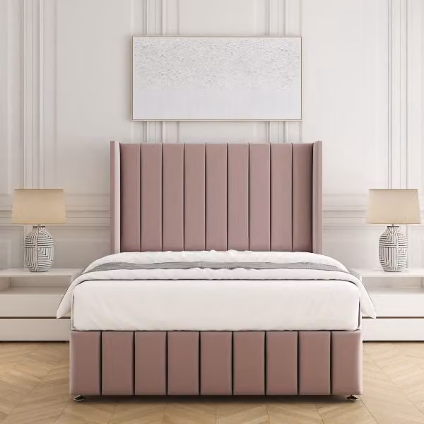 BSSPOKE Zoe Plush Velvet Divan Bed Set with 54 inch Headboard and Mattress in Pink, W/D/H: 90 x 190 cm