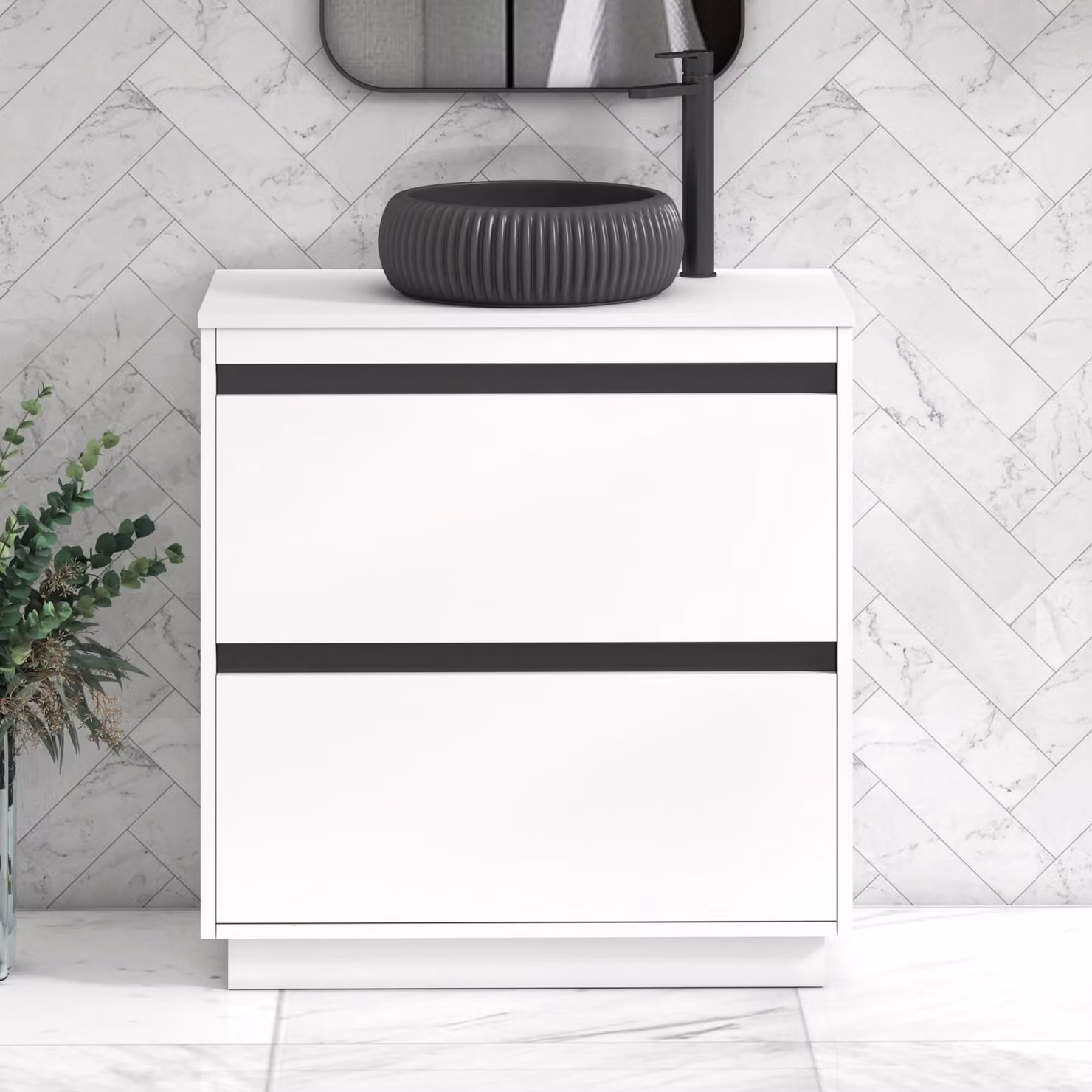 Royal Bathrooms Orion 800mm Matt White Floor Standing 2 Drawer Vanity Unit with Milan Black Basin and Black Accent Trim