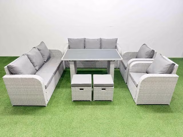 Fimous 10 Seater PE Rattan Outdoor Reclining Furniture Set in Light Grey