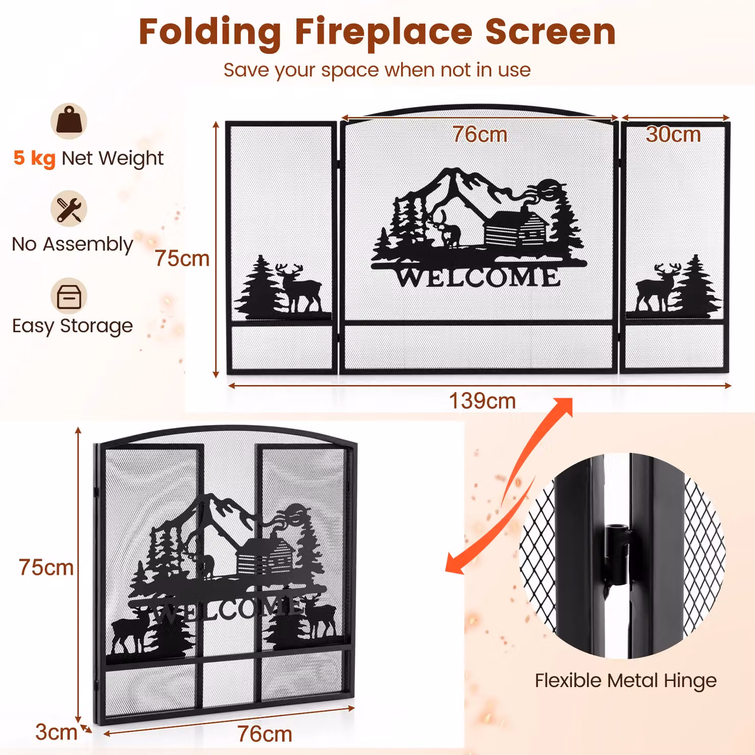 Costway 3-Panel Folding Fireplace Spark Guard with Natural Scenery and Moose Pattern, Black, W: 139 cm, H: 75 cm, D: 75 cm – 2