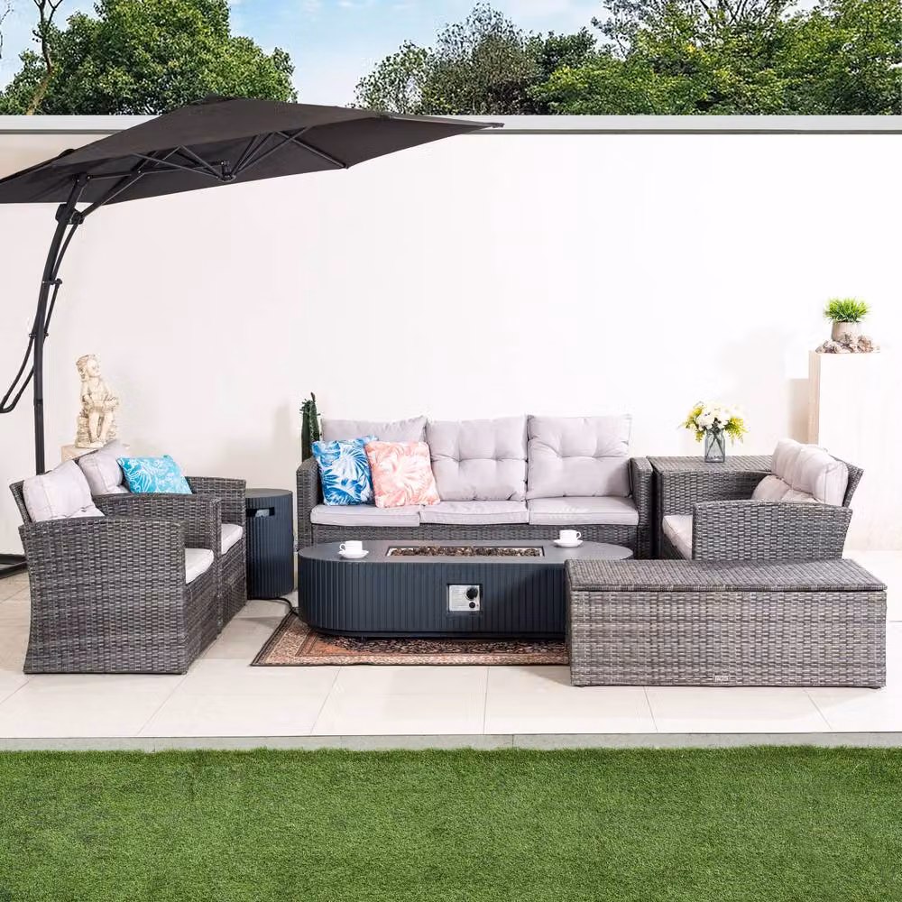 Direct Wicker 7-Seater Grey L-Shape Corner Sofa Set with Gas Fire Pit Table and Cushion Storage Box – 4
