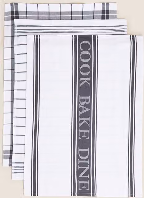 M&S Set of 3 Highly Absorbent Cotton Rich Striped Tea Towels in Grey and White