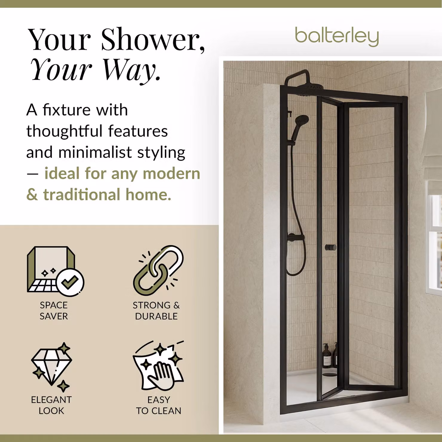 Balterley 4mm Toughened Safety Glass Bi-Fold Shower Door, Black, W: 90 cm, H: 190 cm – 2