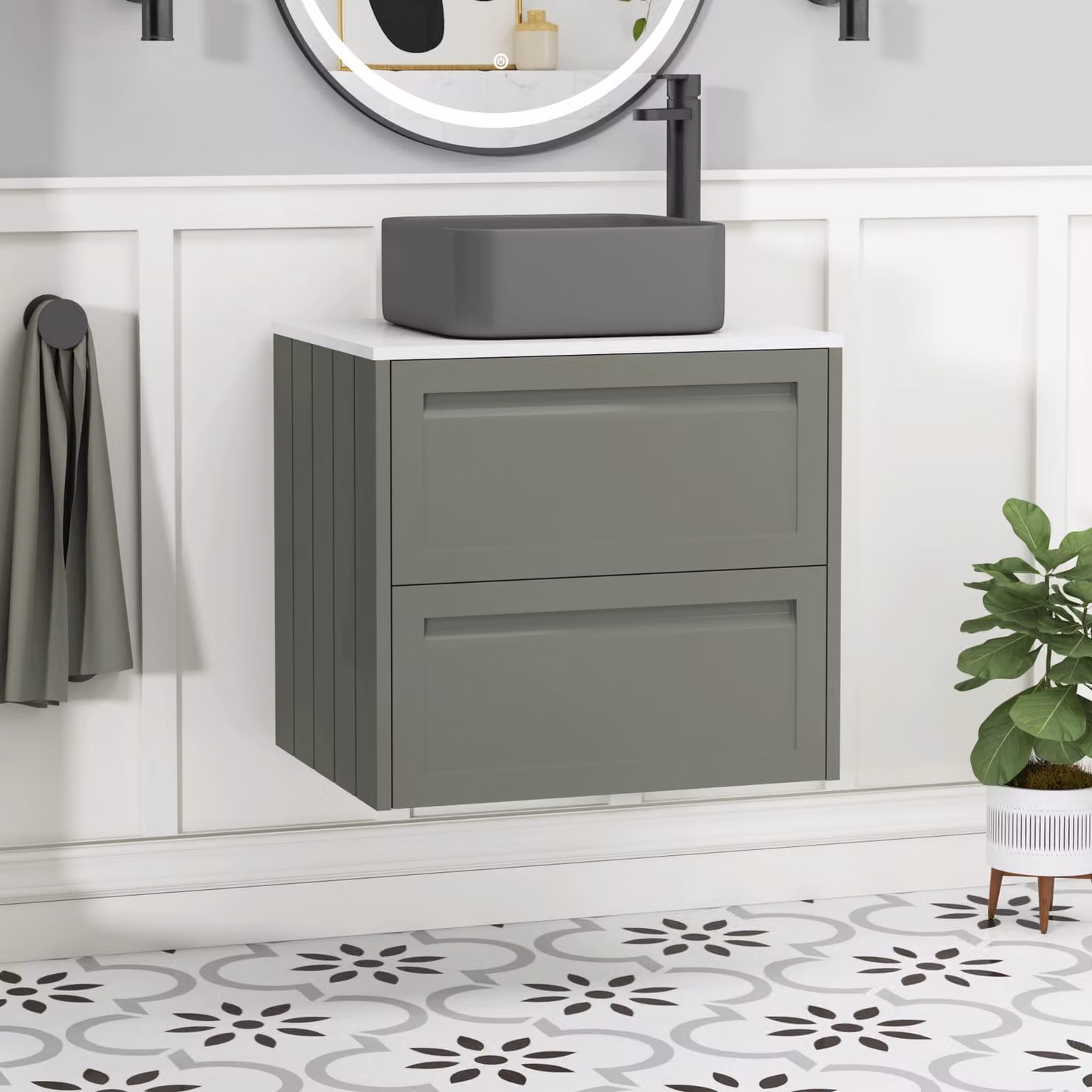 Royal Bathrooms Elmore Wall Hung Vanity Unit with 2 Drawers, Matt Green Finish and Plain White Worktop with Art Square Basin, Width: 60 cm