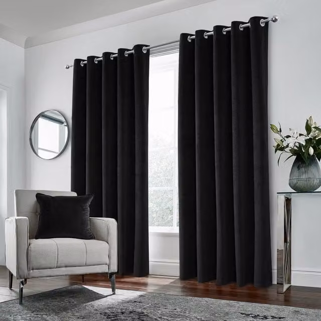 Enhanced Living Blackout Velvet Eyelet Curtains, Black, Width: 183 cm