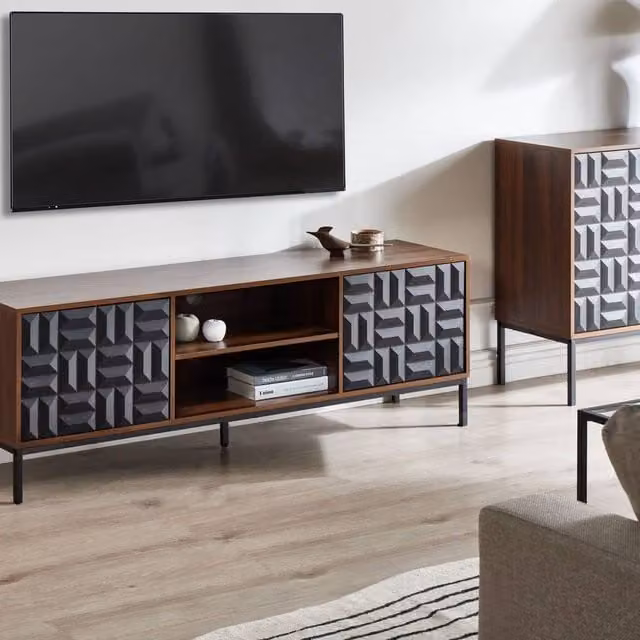 Wyld and Coco Dark Brown TV Stand with Two Doors, Open Shelves and Geometric Metal Pattern, W: 160.0 cm, D: 40.0 cm, H: 54.0 cm – 1