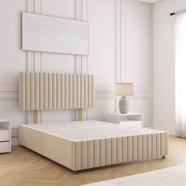 BSSPOKE Emma Divan Bed with 24 inch Headboard in Cream Plush Velvet, Single, W/D/H: 90 x 200 cm