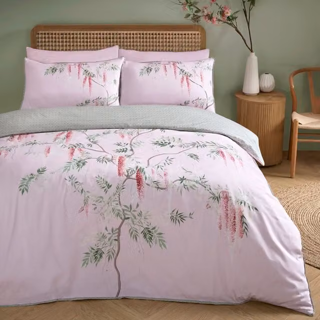 Soiree Enya Reversible Floral Mako Satin Cotton Duvet Cover Set, Pink and Green, W/D/H: 180 x 200 cm