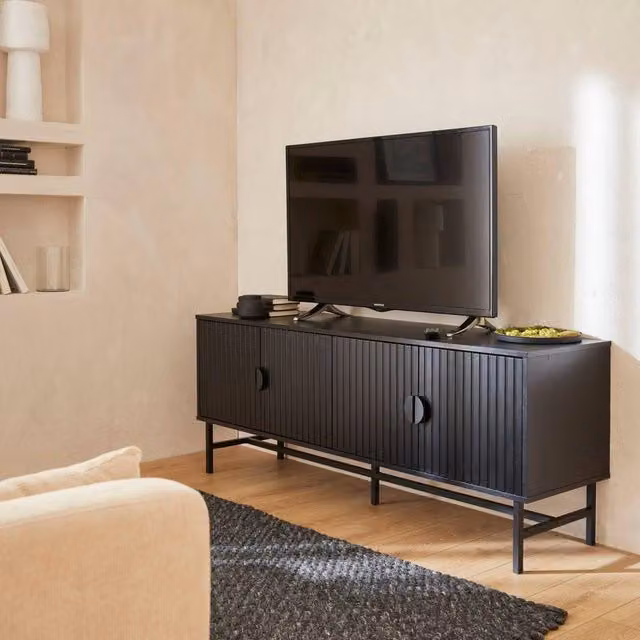 Sweek Industrial Style Wooden Effect TV Unit with 4 Doors in Black Matt