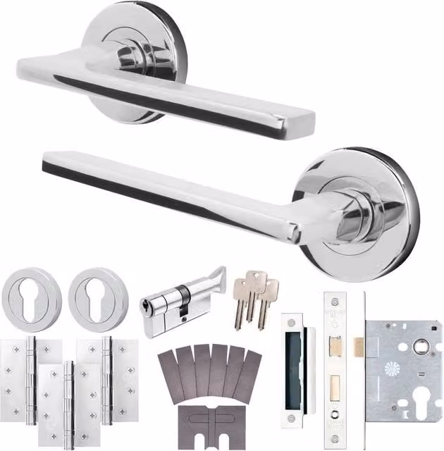 AFIT Chrome Fire Door Handle Set with Euro Lock, Thumbturn, Cylinder, Latch and Hinges in Silver, W/D/H: 15 x 15 x 1.5 cm – 1