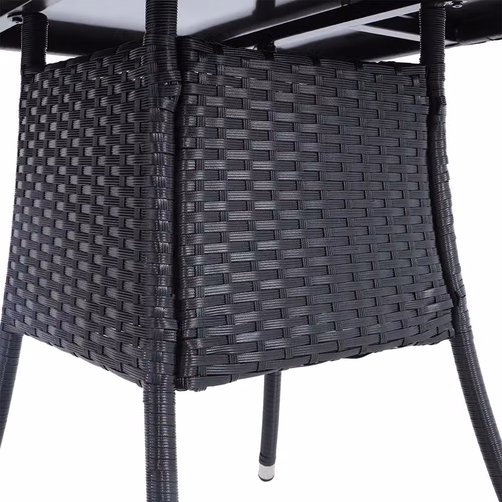 Living and Home Garden Black Wicker 4 Seater Dining Table with Tempered Glass Top and Parasol Hole – 4