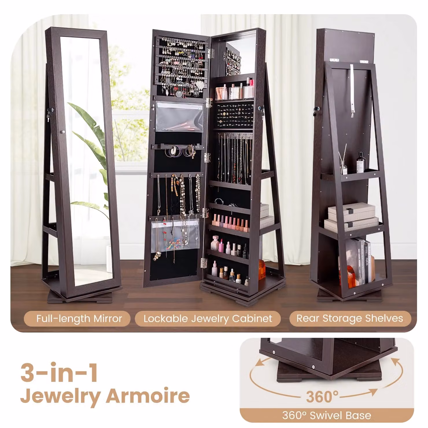 Gymax 360 Rotating Jewelry Armoire with Full Length Mirror in Brown – 3