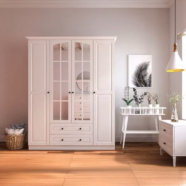 EVUHOME White Mirrored Wardrobe with 4 Doors and 2 Drawers, H 210 x W 144.9 x D 52 cm