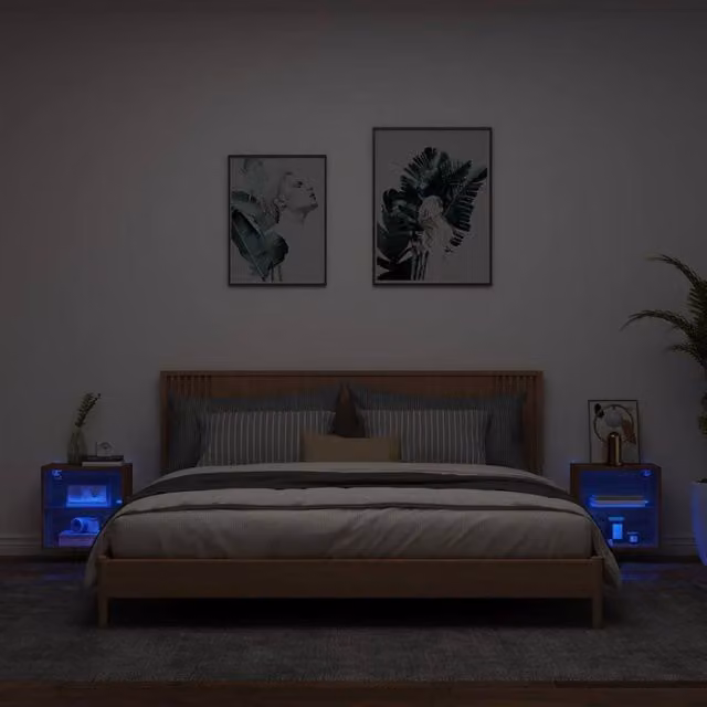 Berkfield Home Set of 2 Modern Wall-Mounted Bedside Cabinets with LED Lighting and Glass Doors, Brown, W/D/H: 40 x 28.5 x 28.5 cm