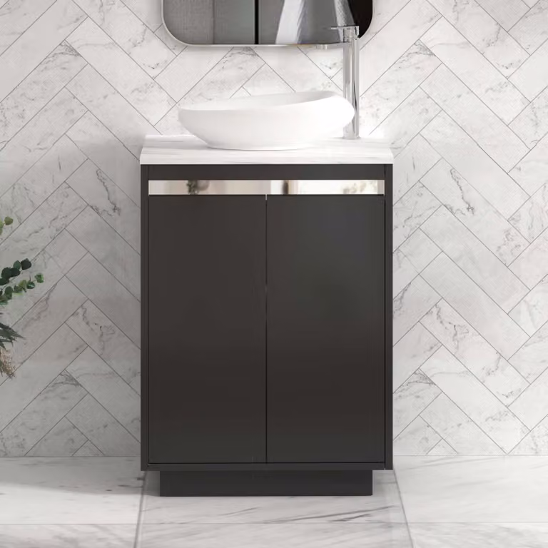 Royal Bathrooms Orion 600mm Matt Obsidian Black Floor Standing 2 Door Vanity Unit with Nova Basin and Chrome Accent Trim