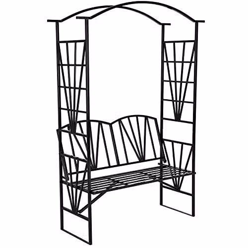 tectake Garden Arch with Bench, Black Metal Rose Trellis, H 210 x W 114 x D 42 cm – 1