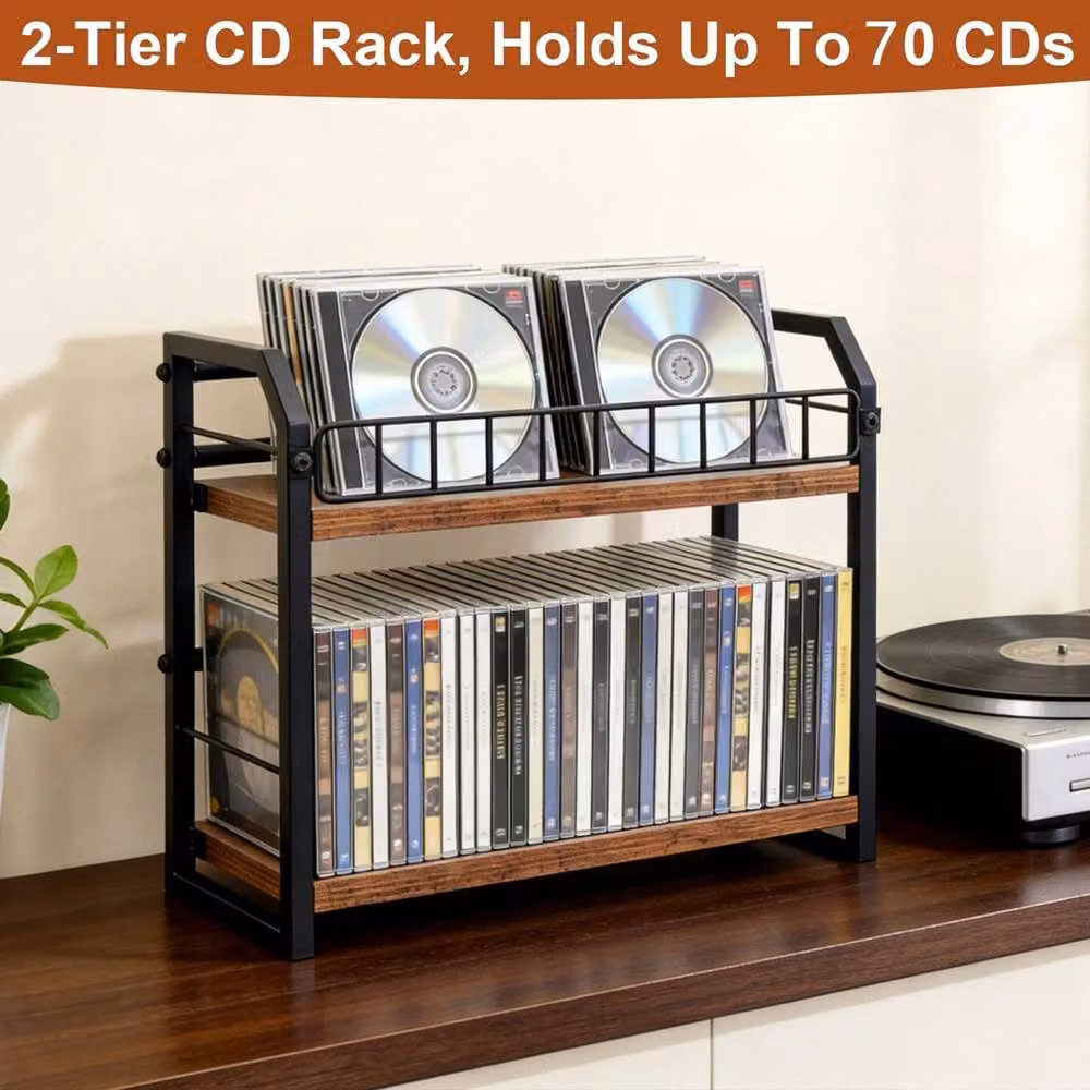 FORGEVIO 2-Tier Industrial CD and DVD Storage Rack in Brown and Multicolour Wood and Metal – 3