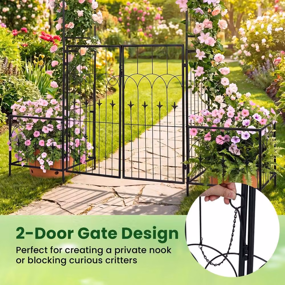 Gymax Metal Garden Wedding Arch with Gate, Planter Boxes and Side Plant Trellis in Black – 6