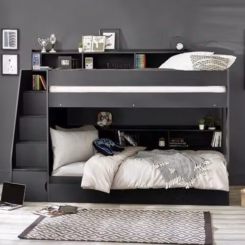 Julian Bowen Camelot Two-Level Bunk Bed Frame with Stairs and Drawers in Anthracite, W/D/H: 171.0 x 90 x 116.5 cm