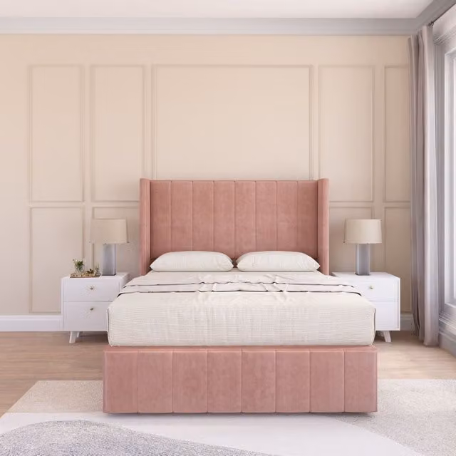 Sloomy Melbourne Upholstered Wingback Bed Set in Pink Plush Velvet, W/D/H: 180 x 200 cm