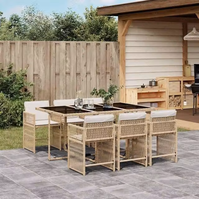 Berkfield Home 7 Piece Poly Rattan Garden Dining Set with Beige Cushions and Glass Tabletop – 1