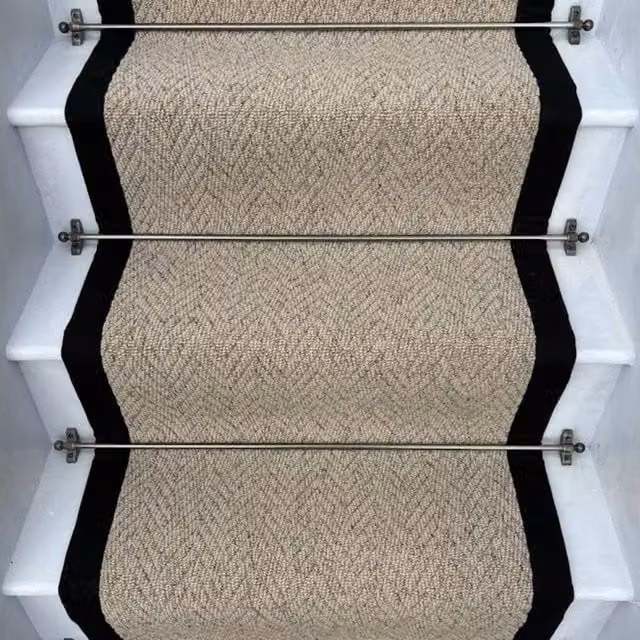 RainbowHome Herringbone Beige Biscotti Stair Runner with Black Cotton Border, W: 65 cm, L: 600 cm – 1