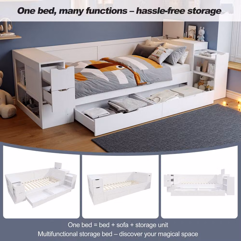 STILVORA Modern Double Bed Frame with Drawers and Bedside Shelf, White, W: 135 cm, D: 190 cm, H: 60 cm – 2