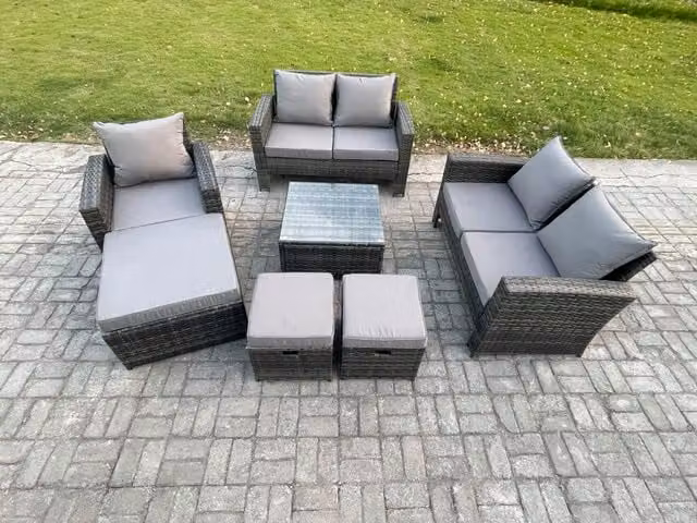 Fimous 8 Seater Rattan Garden Furniture Set in Dark Grey with L-Shape Sofa, Coffee Table and 3 Footstools